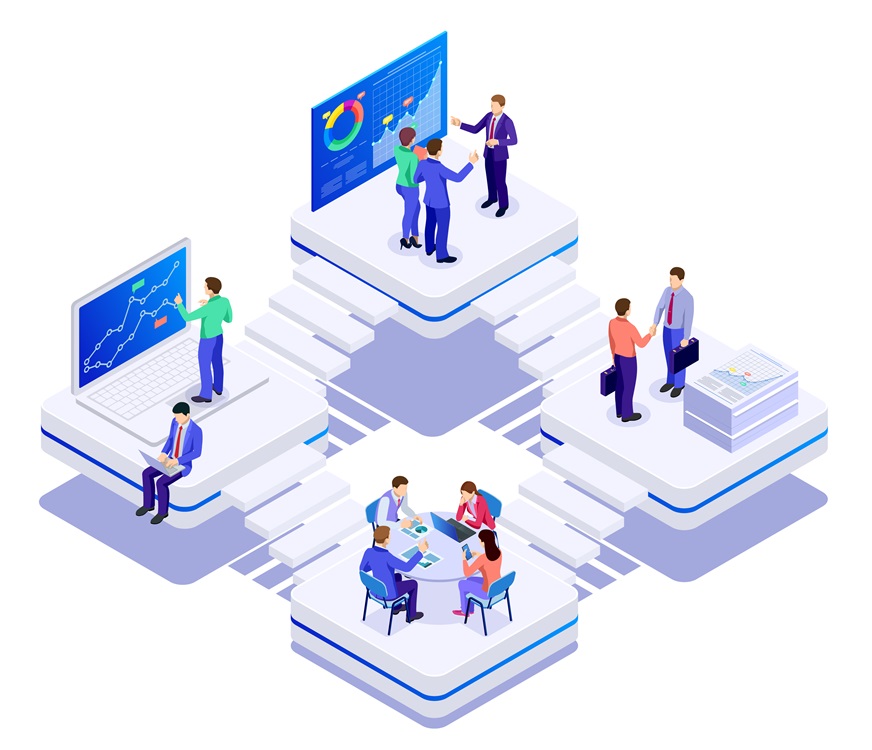 Isometric bussines co-working space concept. Creative people in the modern office. Teamwork is working together with laptop, tablet, smartphone, notebook. Successful hipster team in coworking space.