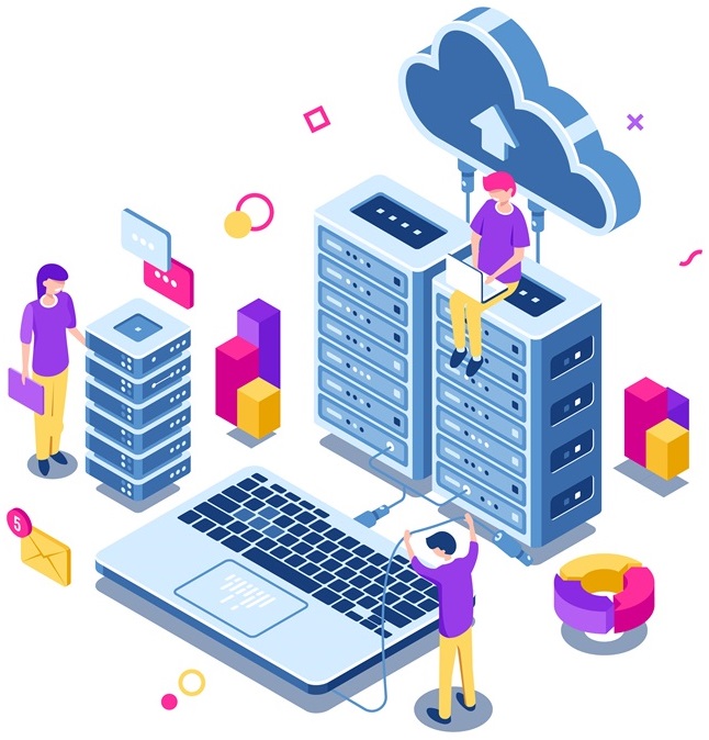 Big data center, server room rack, engineering process, teamwork, computer technology, cloud storage, command work, isometric people vector
